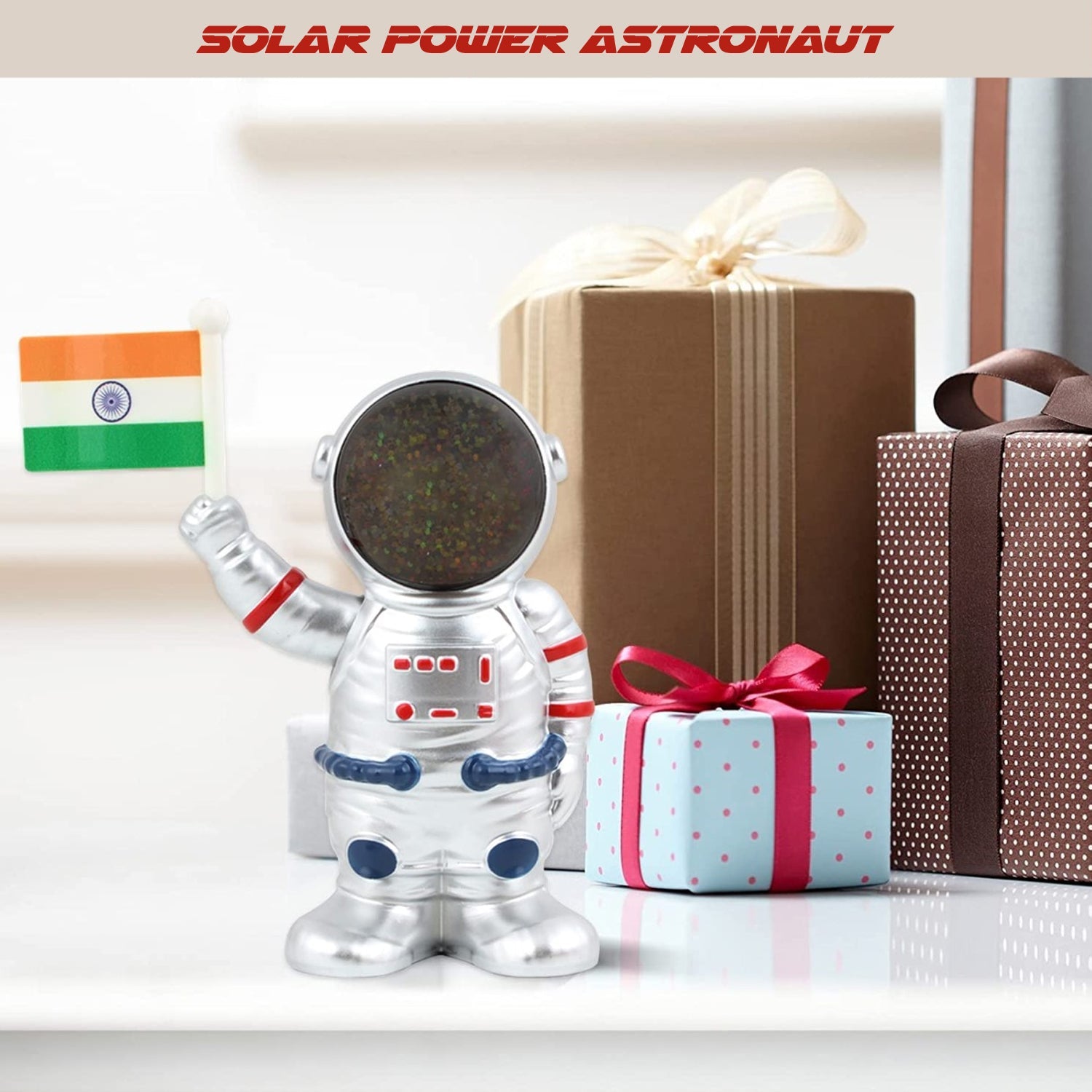 Solar Power Astronaut Ornament Moving Hand with Indian Flag  Solar Power Astronaut Ornament Moving Hand with Indian Flag